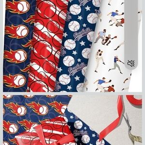 Baseball Themed Wrapping Paper Set 8 Sheets 20x29 Inches Birthday Flames Star